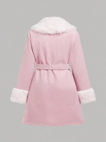 SHEIN Girlism Teen Girls' Black Fuzzy Patchwork Collar Waist Pocket Casual Everyday Fashion Versatile Mid-Length Coat