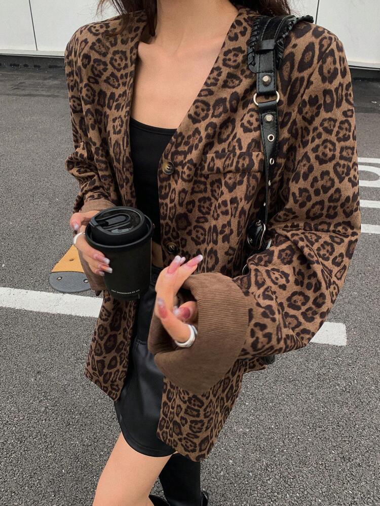 Women's Casual V-Neck Leopard Print Long Sleeve Blazer Jacket, Spring Cheetah Print, Fall Clothes Business Attire