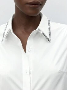 Maija Blusa elegante con aberturas en las mangas, cintura a la cintura, decoración de cristal, estilo urbano de campana, adecuada para uso casual, retro, de viaje, salidas, vacaciones, ceremonias, fiestas de Navidad y San Valentín. - Blanco - Ver 4