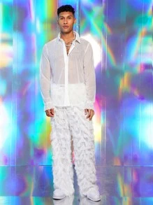 FeverCity Men's Letter Embroidered Tassel Design Straight-Leg Fashion Pants - White - View 3