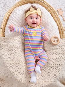 SHEIN Newborn Baby Girl Colorful Striped Long Sleeve Jumpsuit & Headband Set, Autumn/Winter - Multicolor - View 1