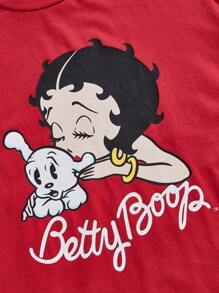 Betty Boop x SHEIN Women's Casual Cartoon Print Short Sleeve Nightgown, Summer, Moo Moo - Red - View 4