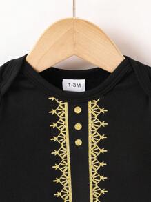 SHEIN Newborn Baby Boys Girls Black  Neck Short Sleeve Bodysuit, Casual Versatile Style Suitable For Spring, Autumn, Or Summer Daily Wear, Outdoor Activities
