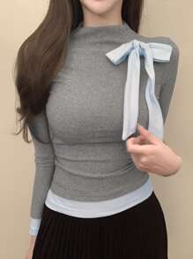 DAZY Women Contrast Color Block Stand Collar Long Sleeve Casual Top, Everyday Wear,Fall Women Clothes