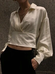 DAZY Women Short Design Turndown Collar Long Sleeve White Shirt, Apricot Color, Spring/Summer/Autumn