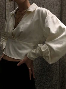 DAZY Women Short Design Turndown Collar Long Sleeve White Shirt, Apricot Color, Spring/Summer/Autumn