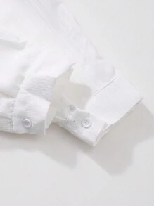 2pcs Teenage Girls Solid Color Button-Front Long Sleeve Jacket Top & Pants Casual Outfit Set - Black and White - View 8