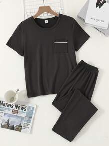 2pcs Boys Casual Outfit - Gray Collar Pocket Top With Contrast Trim & Matching Milk Silk Fabric Pants, Spring/Autumn - Dark Grey - View 4