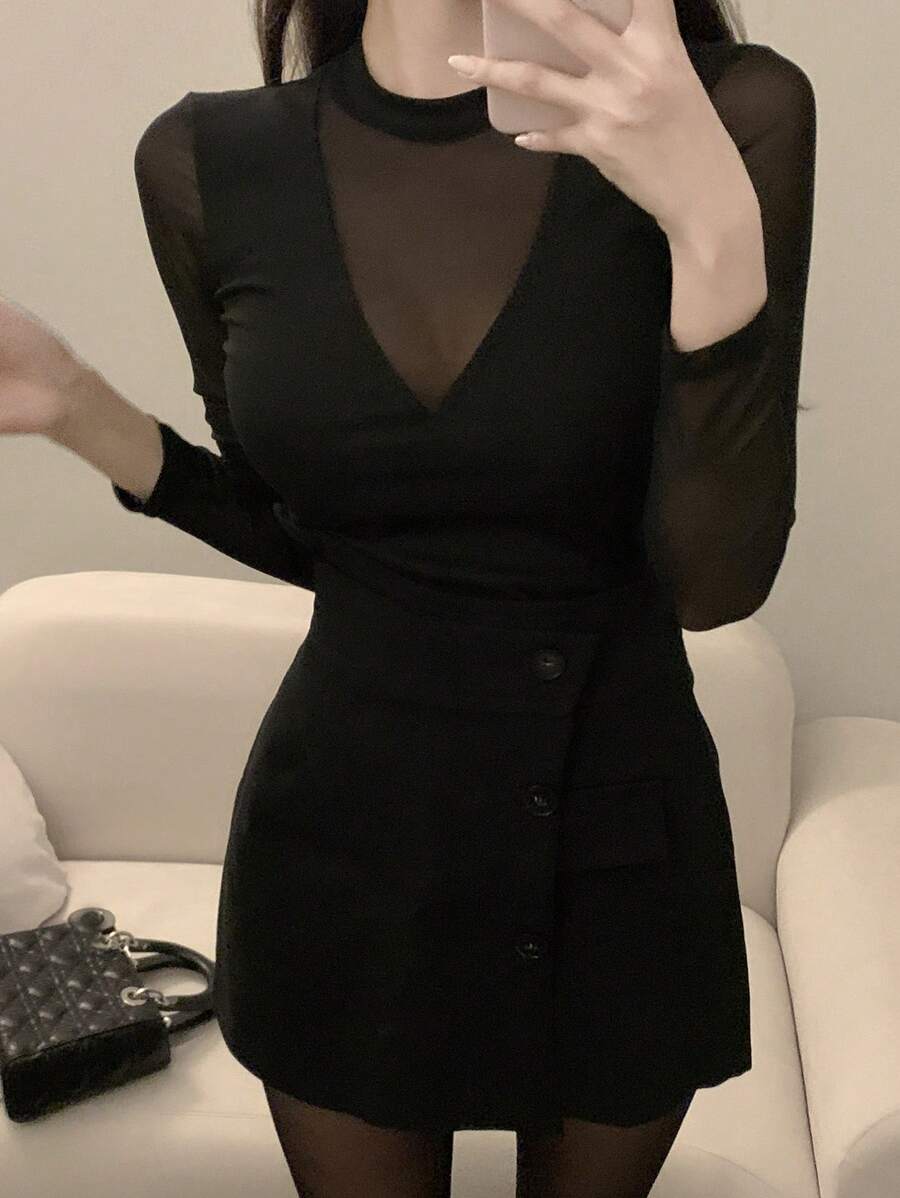 DAZY Women V-Neck Mesh Splicing Long Sleeve Fitted T-Shirt - Black - View 1