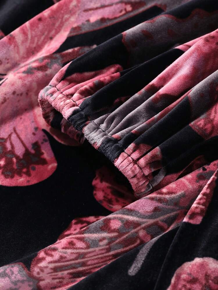 Women's Butterfly Print V-Neck Puff Sleeve Dress For Autumn Long Sleeve Dress Floral Dresses For Women
