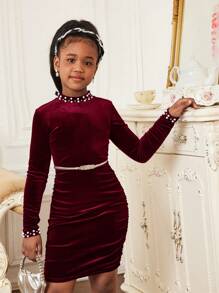 SHEIN Vestido de manga larga elegante y ajustado con cuello alto de terciopelo, con volantes y tachuelas para niña preadolescente