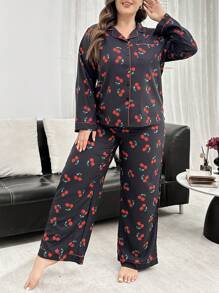 SHEIN Conjunto de pijama de manga larga con abertura frontal con estampado de cerezas, talla grande - Multicolor - Ver 4
