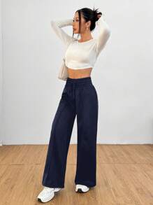 SHEIN PETITE Solid Drawstring Waist Wide Leg Sweatpants - Navy Blue - View 4