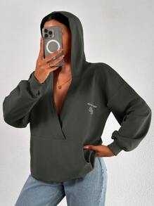 EURMUSE 100%Cotton Letter Graphic Drop Shoulder Hoodie - Army Green - View 4