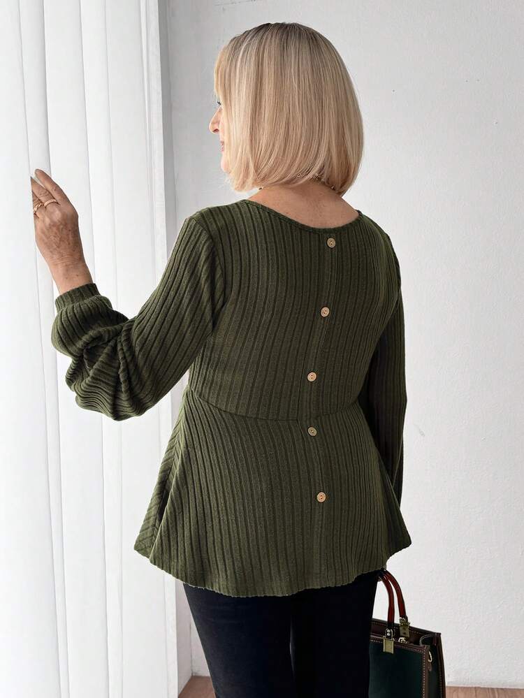 Women's Solid V-Neck Long Sleeve Ribbed Casual T-Shirt For Autumn