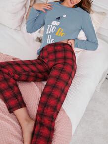 100% Cotton 2Pcs  Santa Claus Printed Long Sleeve Shirt And Plaid Printed Sleep Bottom Christmas PJ Set - Blue - View 3