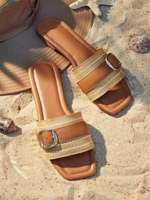 Styleloop Sandalias planas de dedo abierto de unicolor, sandalias tipo chanclas de talla grande con punta cuadrada para exterior y playa, pantuflas versátiles de verano minimalistas antideslizantes - Marrón - Ver 2
