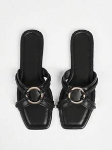 Styleloop Women's Flat Sandals, Buckle Decor, Casual Summer Shoes - Black - View 5