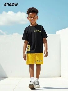 SHEIN 2pcs Tween Boys Active Wear Set With Short Sleeve Top And Shorts, Sports Elements, Suitable For Running, Training, Outdoor Fitness, Soccer, Basketball, Cycling, Comfortable For Gym