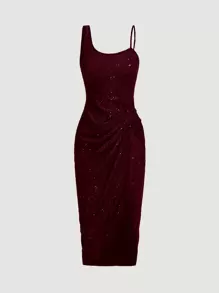 Eryvara Vestido negro ajustado de Body con diseño asimétrico, tirantes finos, espalda descubierta, volantes y abertura, con lentejuelas. Vestido largo burdeos maxi para mujer - Burdeos - Ver 4