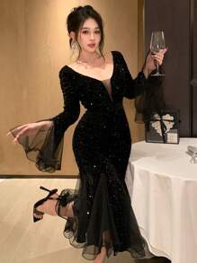 DAZY Đầm sequin tay xòe cổ chữ V cho nữ, đầm dạ hội, đầm dự tiệc xuân/hè, đầm dự tiệc xếp tầng, đầm dạ hội sang trọng, đầm đêm giao thừa, đầm lấp lánh ngày Valentine, đầm maxi. - màu đen - Xem 6