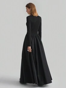 Ontre 现代休闲风格拉链 A 字形黑色长袖修腰连衣裙，春季网眼拼接女式长裙 - 黑色 - 查看 2