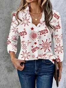 SHEIN LUNE Casual Minimalist New Year Element Pattern Loose Long Sleeve Women Blouse, Suitable For Autumn Winter New Years Women - Multicolor - View 4