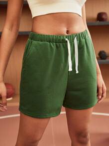 SHEIN Explorewe 青少年女孩橄榄绿色宽松休闲百搭舒适运动短裤，适合春夏季