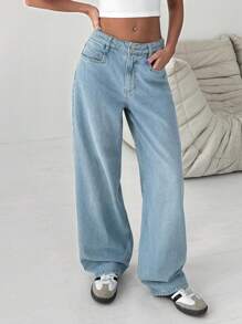EURMUSE Casual Vintage Wash High Waisted Straight Leg Jeans - Medium Wash - View 3