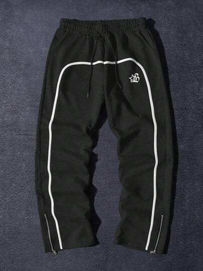 Aesthetic Post--Men's Casual Color Block Drawstring Waist Jogger Pants With Zipper Hem, For Rave