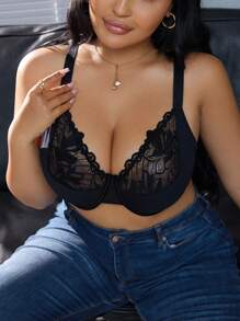 1pc Plus Size Lace Patchwork Underwire Bra, Valentine's Day