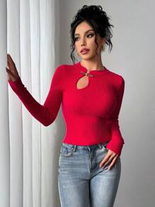 SHEIN Privé Christmas & New Year Elegant Casual Hollow-Out Neck Metal Decor Tight Knit Sweater, Suitable For Valentine's Day, Autumn & Winter - Red - View 3