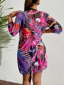 Swim Lushoire Women's Vacation Tropical Print Beach Kimono Cover Up Summer - Multicolor - View 2