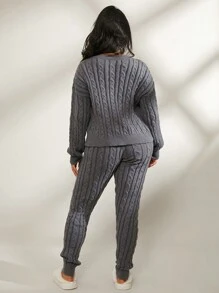 SHEIN SXY 2pcs Apricot Fitted Leopard Faux Fur Collar Splice Cable Knit Sweater Set, Autumn/Winter