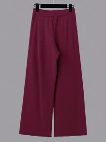 SHEIN LUNE Plus Size Women's Round Neck Button Decor Pullover & Wide Leg Pants 2 Pieces Set, Casual Loose Autumn/Winter Knit Suit - Burgundy - View 3