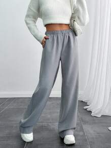 EURMUSE 女款纯色开衩细缝长裤 - 灰色 - 查看 1