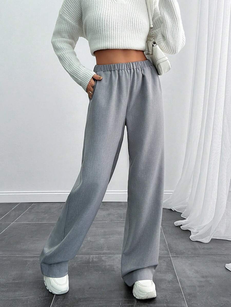 EURMUSE 女款纯色开衩细缝长裤 - 灰色 - 查看 1