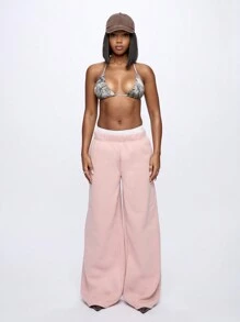 SUMWON WOMEN 宽腿羊毛慢跑休闲裤，带侧蝴蝶结细节，超大运动运动裤，冬季休闲裤，舒适运动休闲裤 - 粉色 - 查看 7