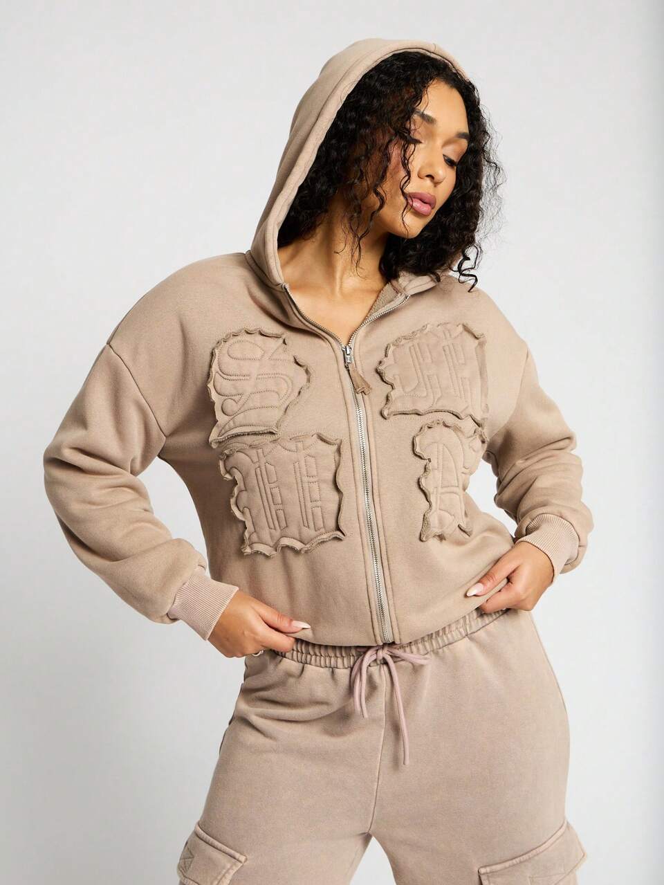 SUMWON WOMEN Distressed Applique Full Zip Hooded Cargo Pocket Sweatshirt