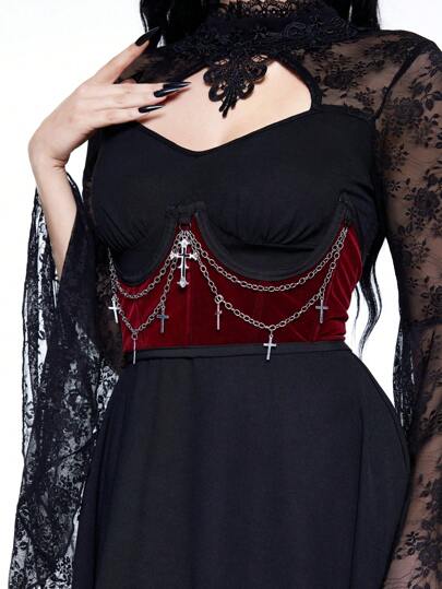 Grunge Punk 1pc Women's Wine Red Velvet Material Chain Cross Decor Gothic Style Christmas Corset Dress Accessory