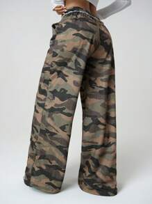 SHEIN ICON 时尚低腰迷彩印花阔腿裤 - 軍綠色 - 查看 5