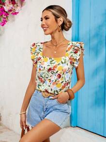 SHEIN VCAY Woven Print Square Neck Cap Sleeve Fitted Oversized Women's Shirt, Summer Clothes, Vacation Outfits Woman, Beach Outfits For Woman, Festival, Romantic And Elegant Clothing, Bohemian, BOHO, Sweet, Rave Outfits Festival, Tropical Vacation Woman Clothes, Carnaval