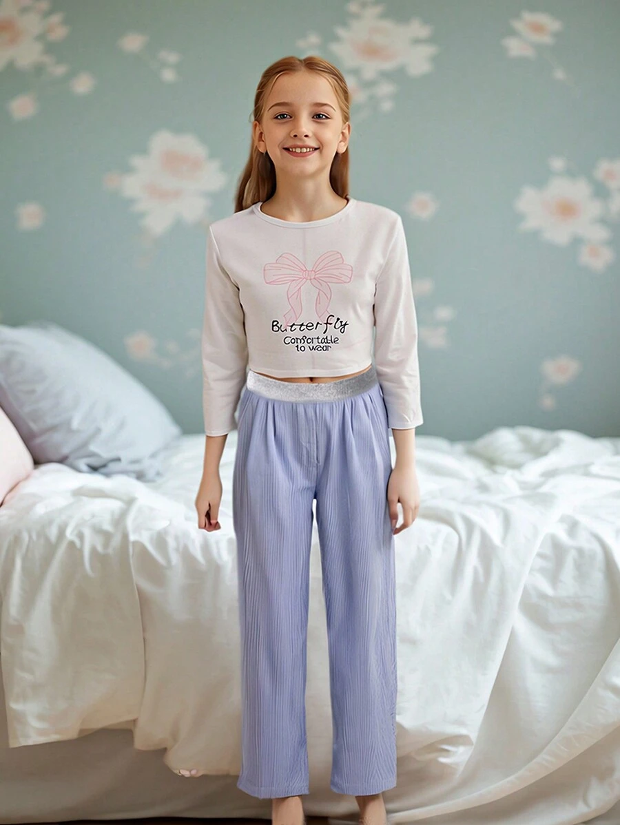 2pcs Girls Butterfly & Stripes Print Casual Home Outfit Set Including Long Pants And Long Sleeve Top