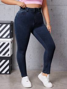 SHEIN EZwear Plus Size Casual High Waist Slim Fit Jeans - Dark Wash - View 6