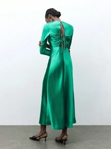 Maija圣诞新年节日连衣裙婚礼宾客优雅都市冬季新款绿色蝴蝶结后背女长裙现代节日日常休闲华丽浪漫约会装情人节 - 綠色 - 查看 6