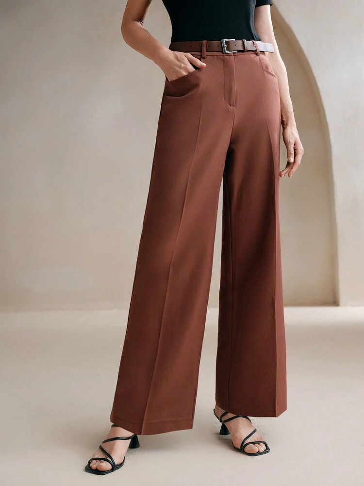 Women's Solid Color Minimalist High Waist Drapey Loose Seam Front Wide Leg Palazzo Pants