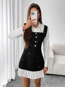 SHEIN Essnce Vestido de invierno para mujer, vestido largo, vestido blanco de parche de tweed de dos en uno, mini vestido con dobladillo plisado en forma de A, apertura frontal con botones sencillos, vestido corto casual, adecuado para uso diario. - Blanco y Negro - Ver 2