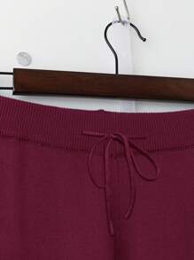 SHEIN LUNE Plus Size Women's Round Neck Button Decor Pullover & Wide Leg Pants 2 Pieces Set, Casual Loose Autumn/Winter Knit Suit - Burgundy - View 5