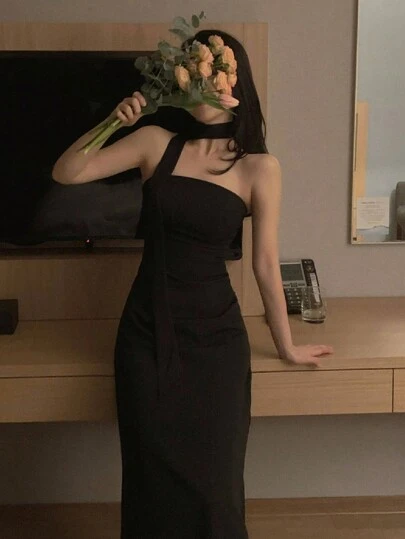 DAZY 女士束腰中长款亮黑色抹胸连衣裙优雅