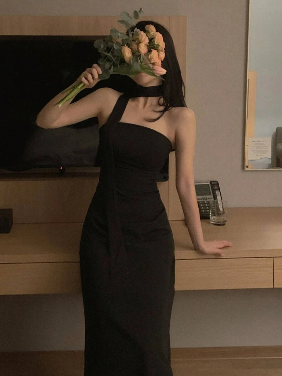 DAZY 女士束腰中长款亮黑色抹胸连衣裙优雅